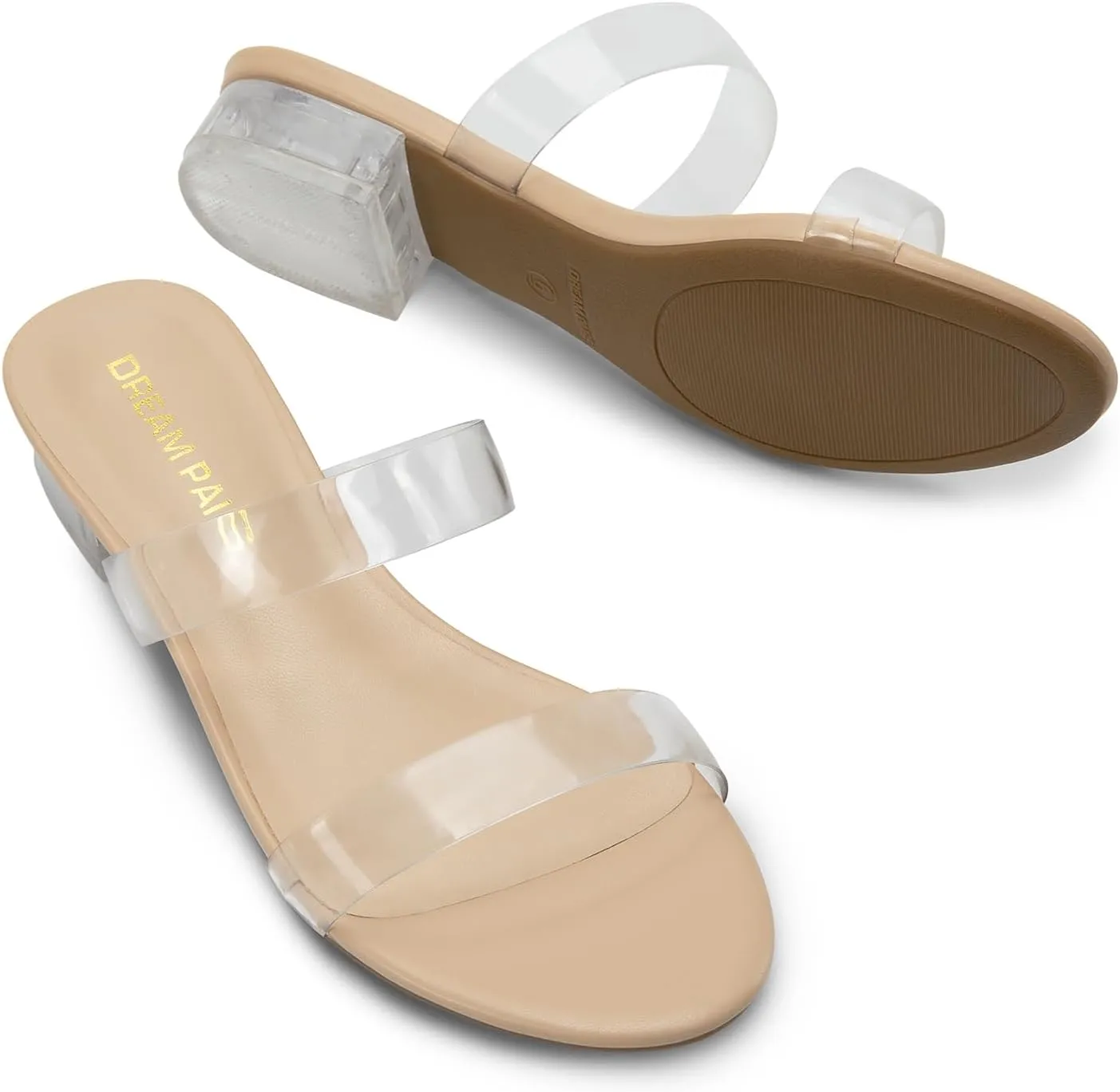 DREAM PAIRS Women's Slides Heels Slip On Low Block Sandals Two Strap Open Round Toe Chunky Casual Summer Mules Shoes