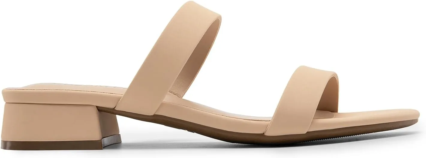 DREAM PAIRS Women's Slides Heels Slip On Low Block Sandals Two Strap Open Round Toe Chunky Casual Summer Mules Shoes