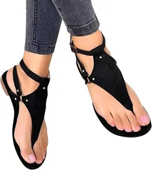 Dressy Thong Sandals for Women Open Toe Shoes Flat Beach Sandals Buckle Ankle Strap Casual Summer Retro Gladiator Sandals
