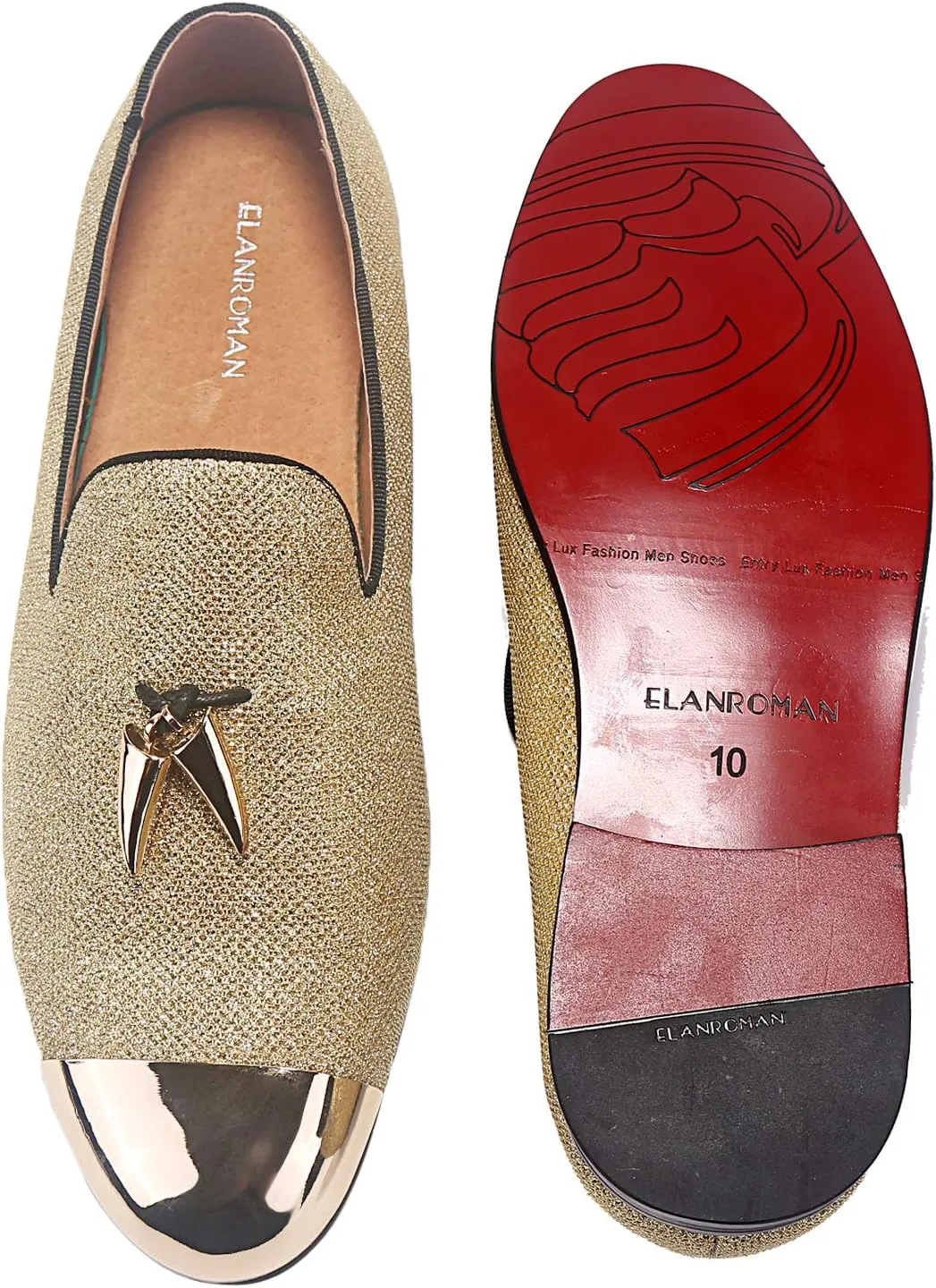 ELANROMAN Men's Loafers Leather Gold Tassel & Cap Toe Buckle Penny Party Wedding Prom Shoes