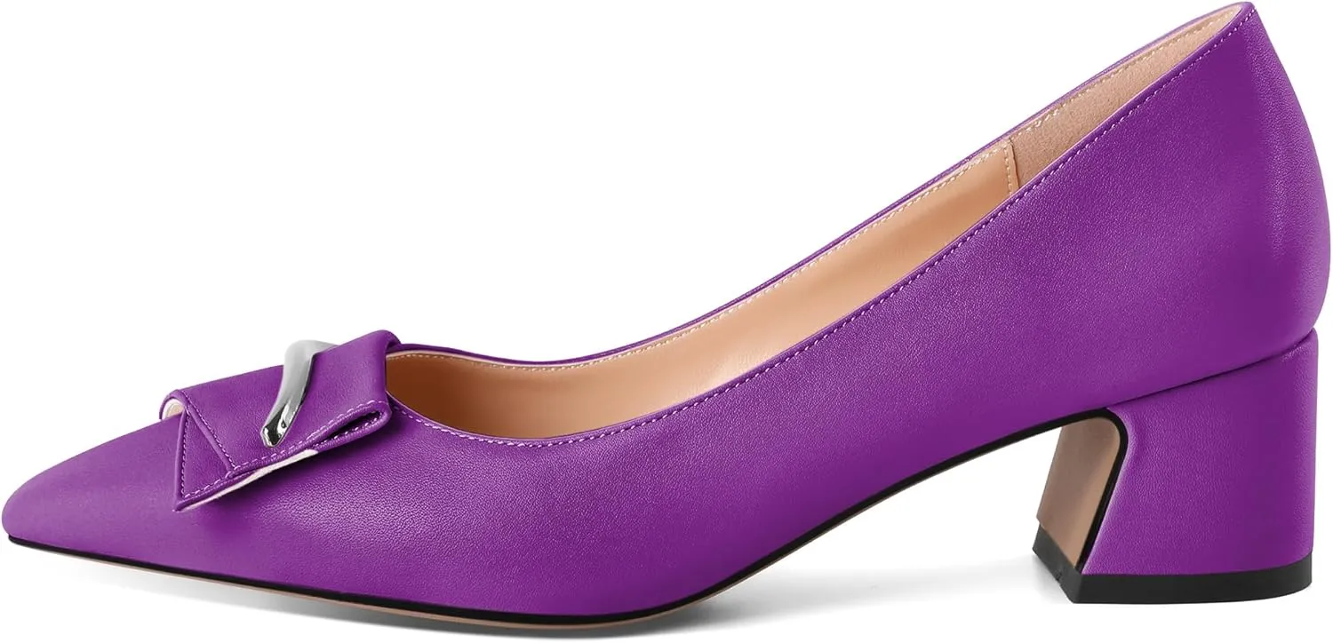 Eldof Block Heels Pumps for Women Pointed Toe Slip on Low Chunky Heeled Bow Heels Classic Low Heel Dress Shoes for Office Wedding Work Evening 2 Inches