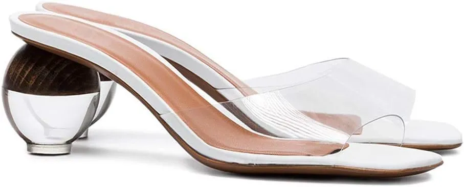 Fericzot Mule Shoes Spherical Clear Heel Sandals Square Toe Slippers Slip On Pumps Slingback Wedding Dress Shoes