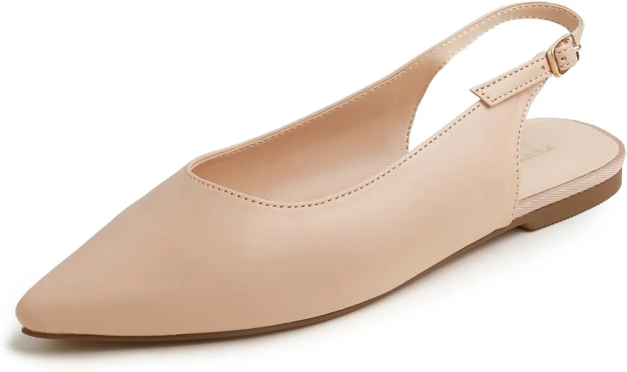 FEVERSOLE Pointed Toe Casual Slingback Flat Mules Women's Fashion Buckle Strap Slide Summer Slippers
