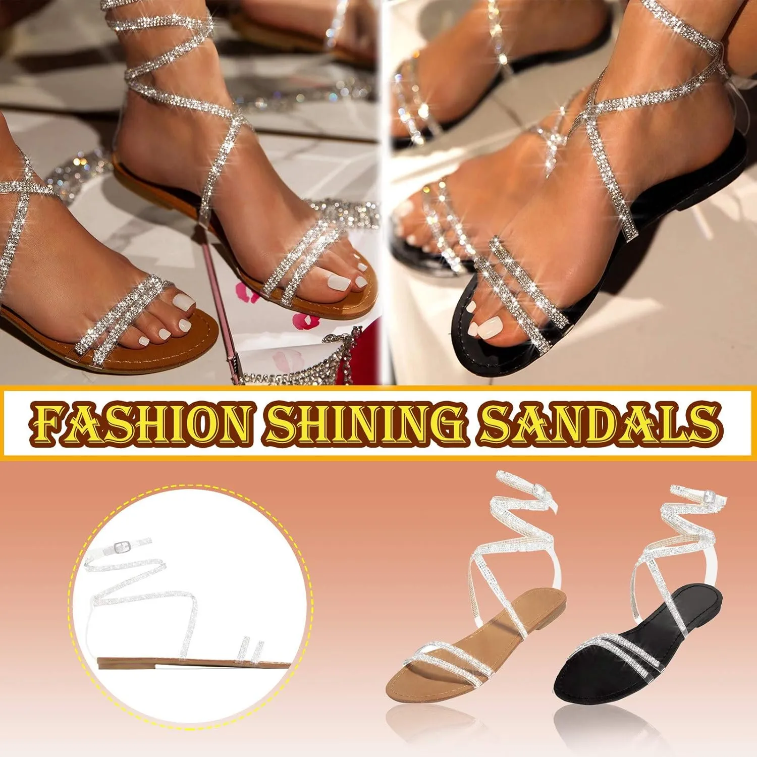 Flat Sandals for Women Dressy Summer, Rhinestone Sparkly Beach Wedding Sandals for Bride Bohemian Lace Flower Sandals Bling Toe Ring Bridal Sandals
