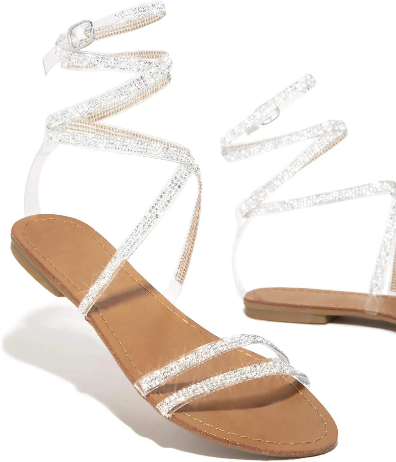 Flat Sandals for Women Dressy Summer, Rhinestone Sparkly Beach Wedding Sandals for Bride Bohemian Lace Flower Sandals Bling Toe Ring Bridal Sandals