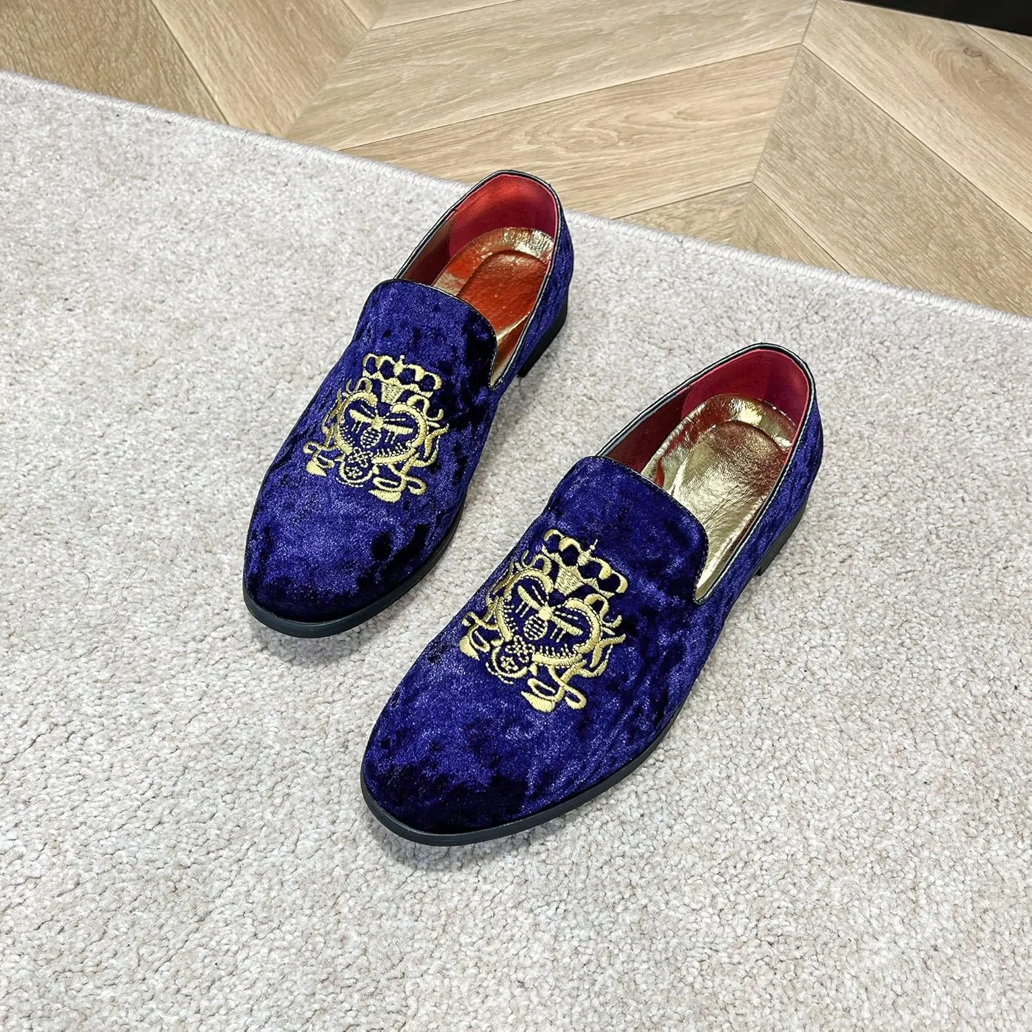 FLQL Men's Luxury Velvet Penny Loafers Shoes Embroidery Suede Dress Loafers Daily Boats Shoes for Party Wedding Prom Size 7-13