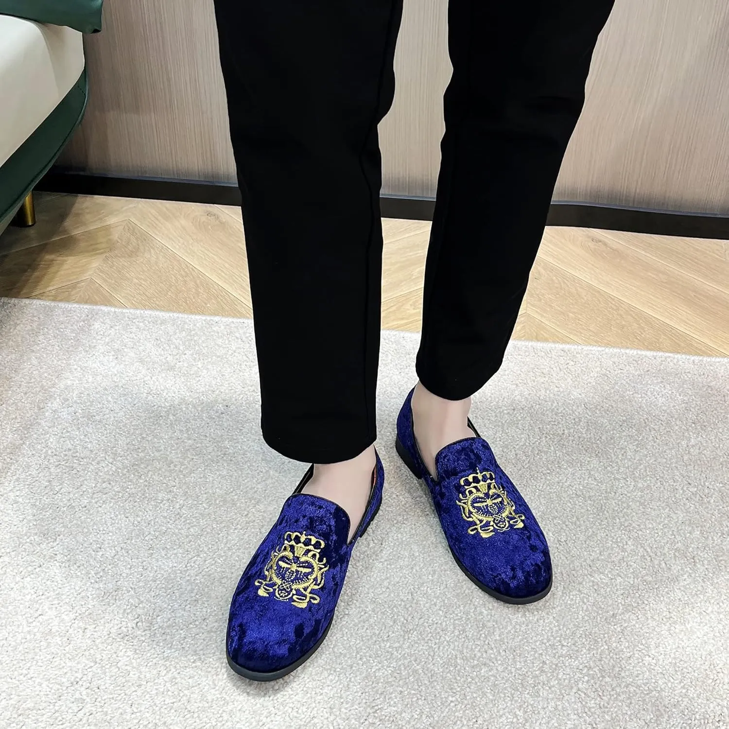 FLQL Men's Luxury Velvet Penny Loafers Shoes Embroidery Suede Dress Loafers Daily Boats Shoes for Party Wedding Prom Size 7-13