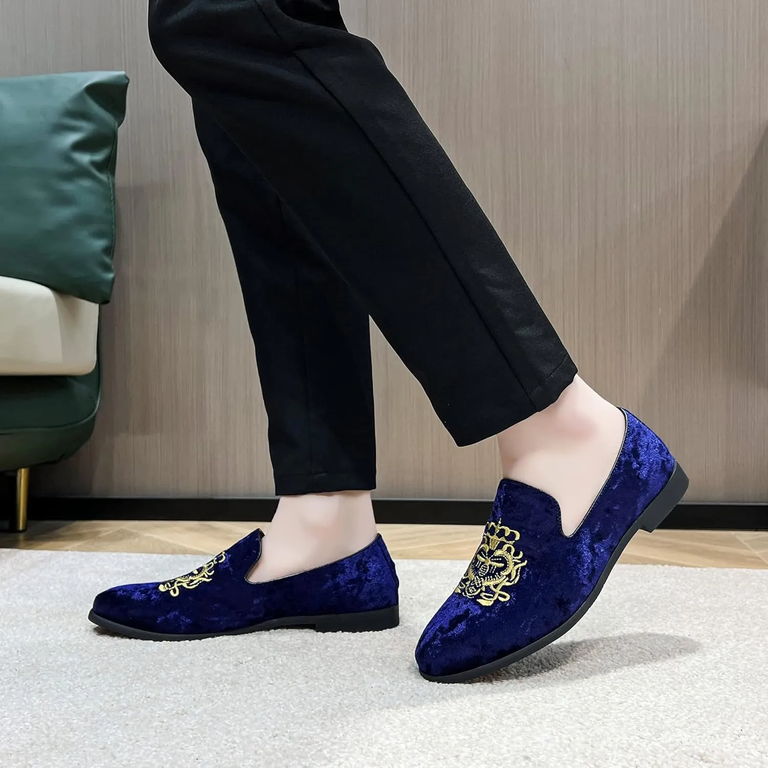 FLQL Men's Luxury Velvet Penny Loafers Shoes Embroidery Suede Dress Loafers Daily Boats Shoes for Party Wedding Prom Size 7-13
