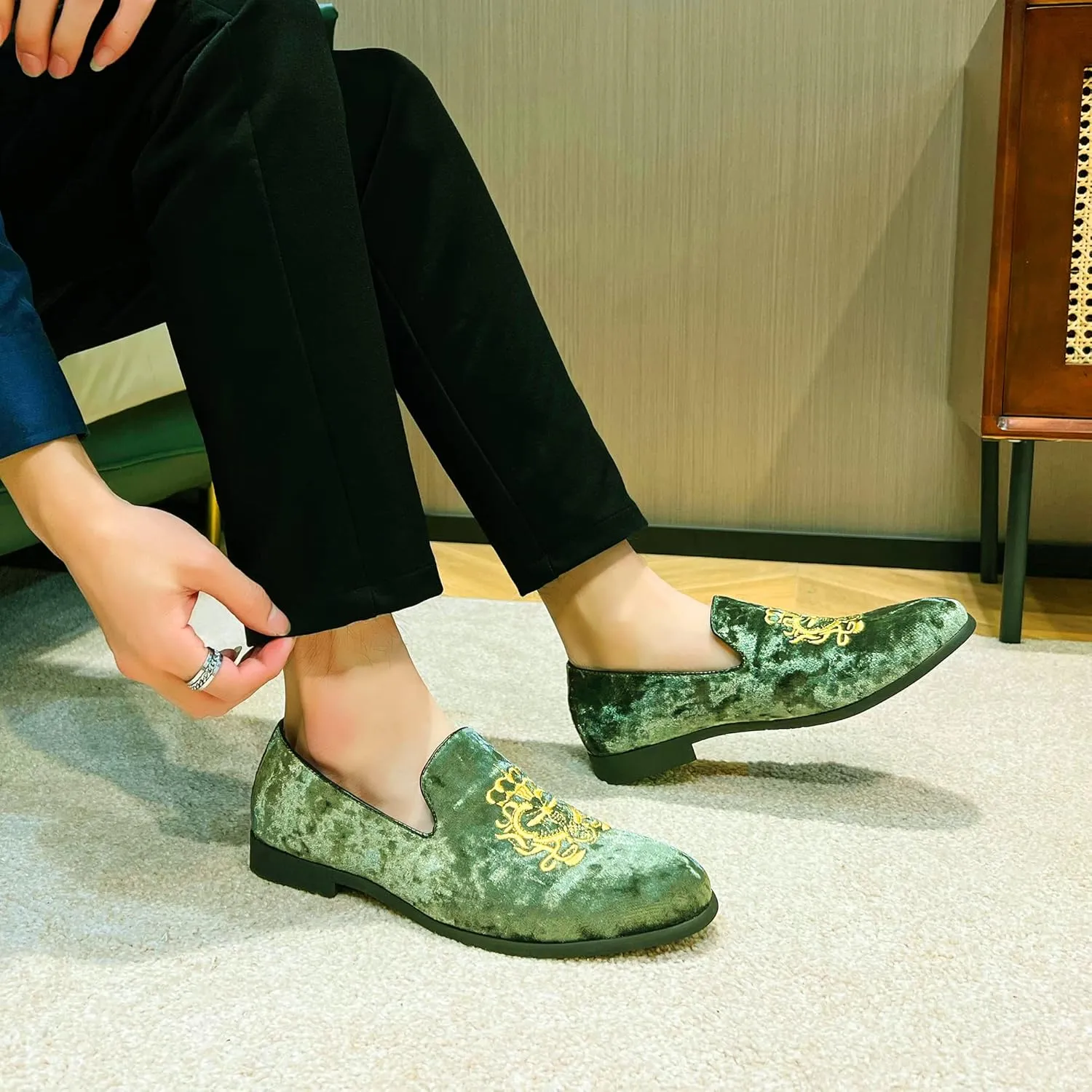 FLQL Men's Luxury Velvet Penny Loafers Shoes Embroidery Suede Dress Loafers Daily Boats Shoes for Party Wedding Prom Size 7-13