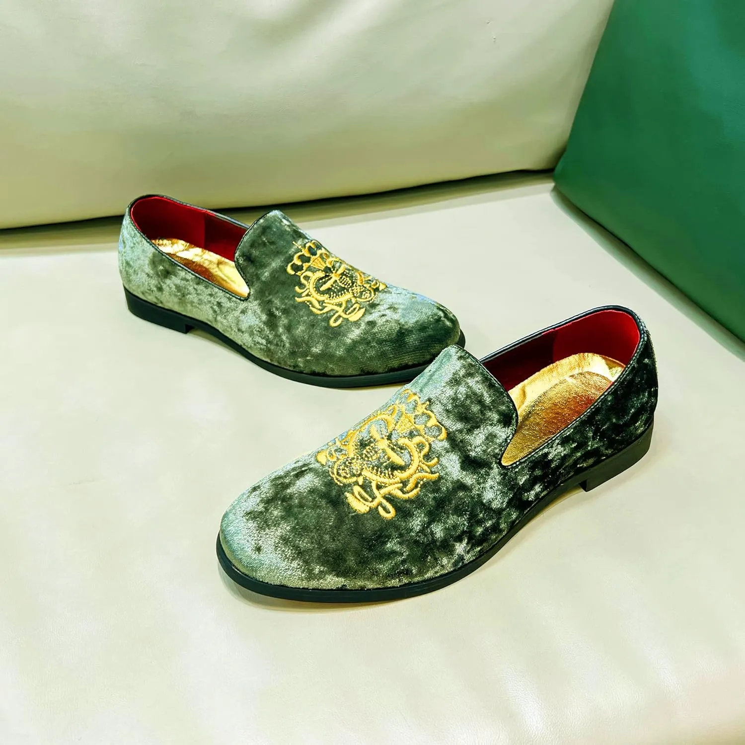 FLQL Men's Luxury Velvet Penny Loafers Shoes Embroidery Suede Dress Loafers Daily Boats Shoes for Party Wedding Prom Size 7-13