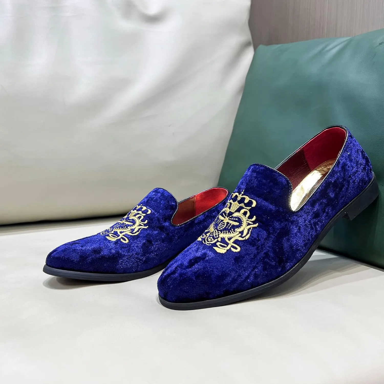 FLQL Men's Luxury Velvet Penny Loafers Shoes Embroidery Suede Dress Loafers Daily Boats Shoes for Party Wedding Prom Size 7-13