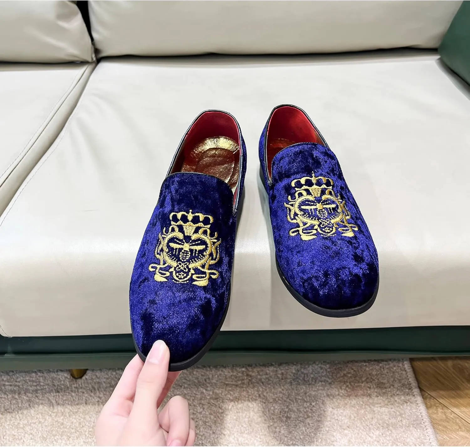 FLQL Men's Luxury Velvet Penny Loafers Shoes Embroidery Suede Dress Loafers Daily Boats Shoes for Party Wedding Prom Size 7-13