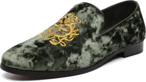 FLQL Men's Luxury Velvet Penny Loafers Shoes Embroidery Suede Dress Loafers Daily Boats Shoes for Party Wedding Prom Size 7-13