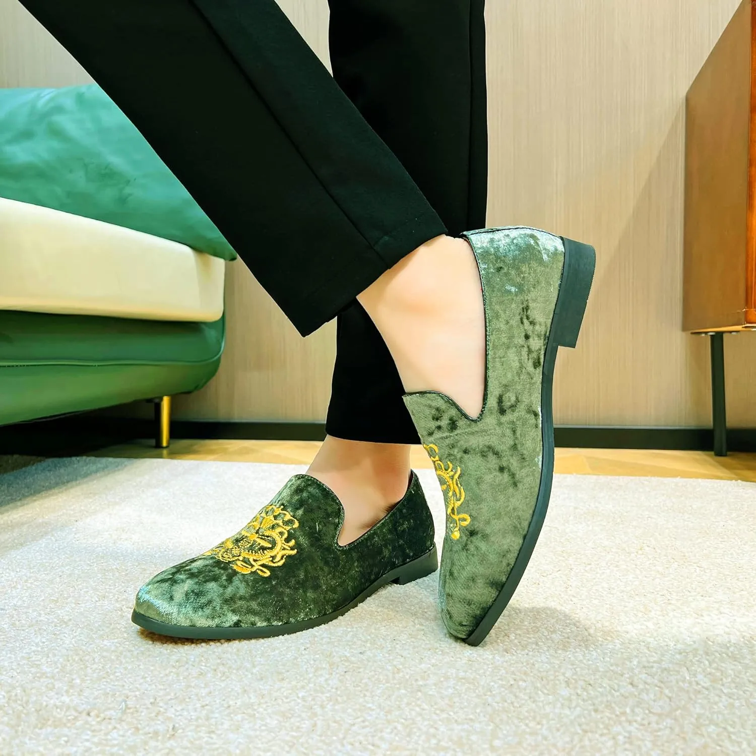 FLQL Men's Luxury Velvet Penny Loafers Shoes Embroidery Suede Dress Loafers Daily Boats Shoes for Party Wedding Prom Size 7-13