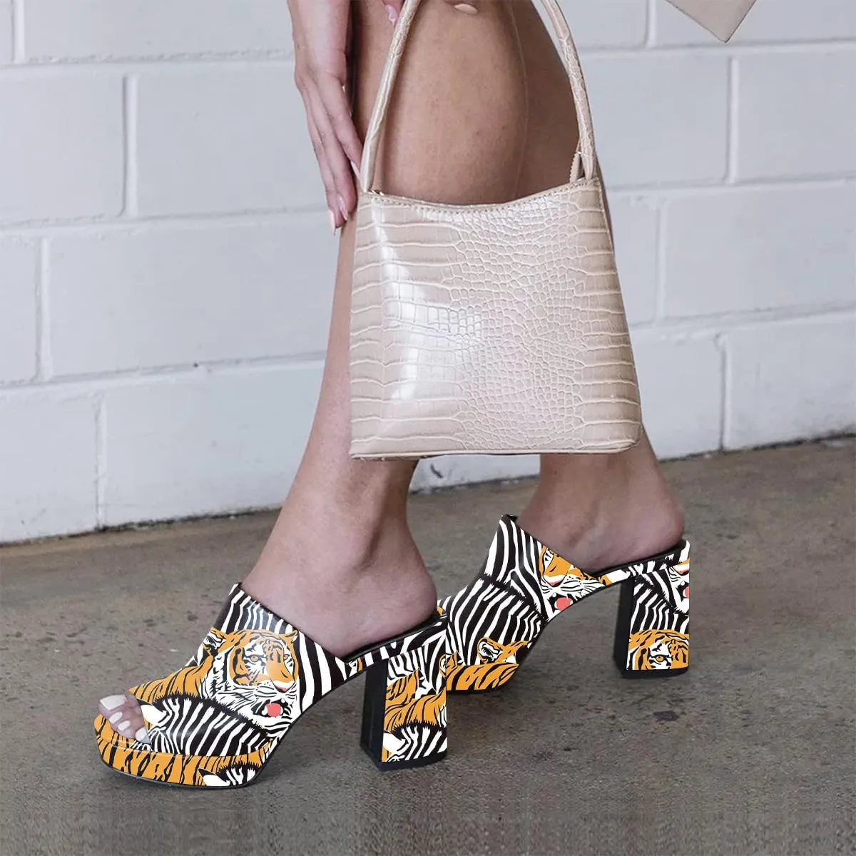 FOWT Women Fashionable Printed Pattern Mules High Chunky Heels Mules Platform Square Toe Sandals Slip On Slippers Outdoor Casual Fashion Work Party Dance Shoes Size 4-16 US