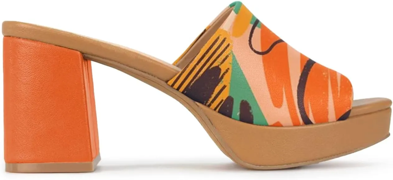 FOWT Women Fashionable Printed Pattern Mules High Chunky Heels Mules Platform Square Toe Sandals Slip On Slippers Outdoor Casual Fashion Work Party Dance Shoes Size 4-16 US