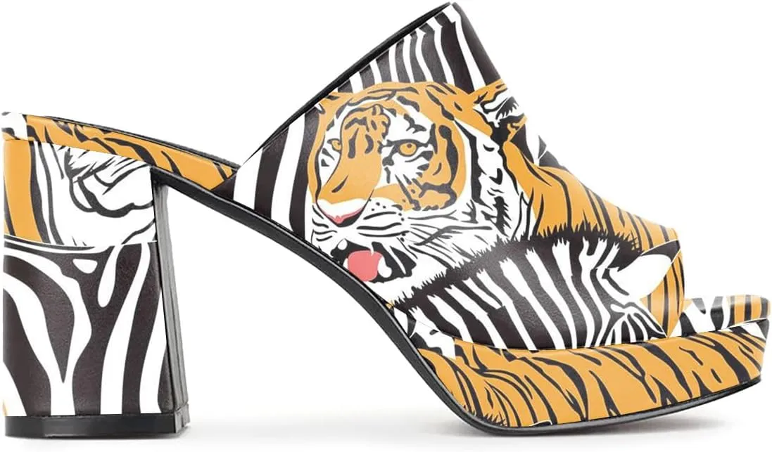 FOWT Women Fashionable Printed Pattern Mules High Chunky Heels Mules Platform Square Toe Sandals Slip On Slippers Outdoor Casual Fashion Work Party Dance Shoes Size 4-16 US