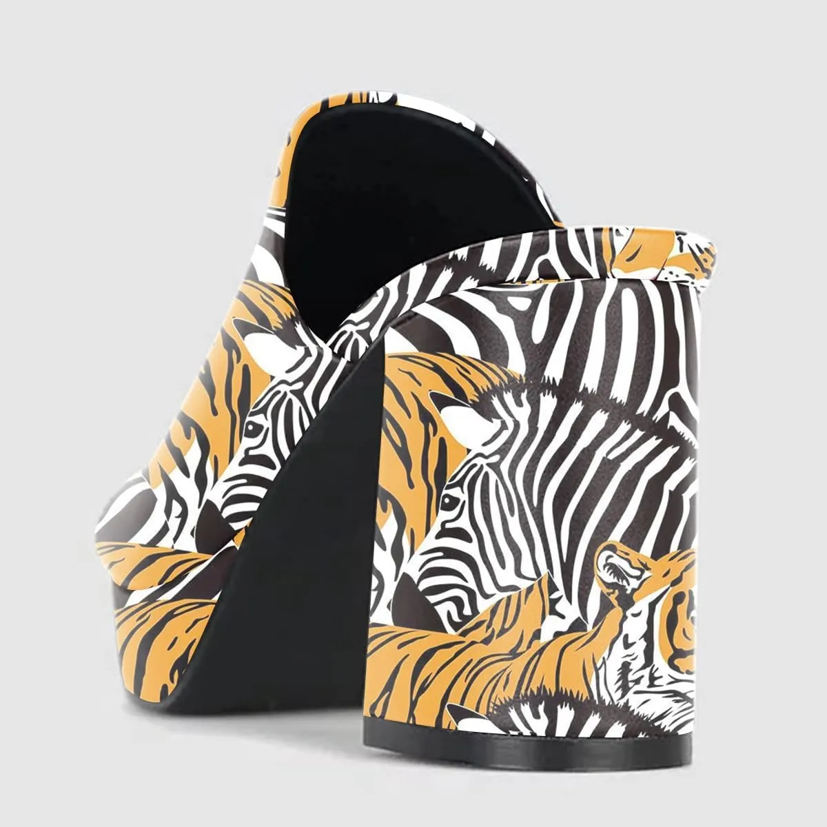 FOWT Women Fashionable Printed Pattern Mules High Chunky Heels Mules Platform Square Toe Sandals Slip On Slippers Outdoor Casual Fashion Work Party Dance Shoes Size 4-16 US