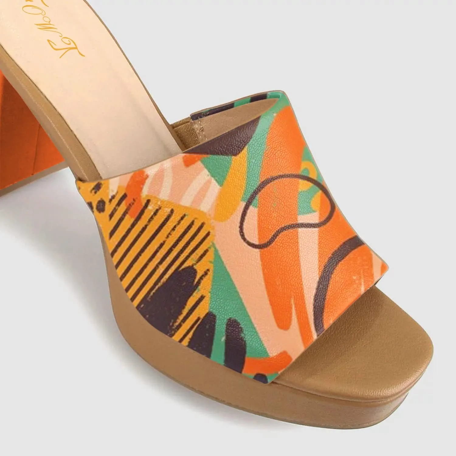 FOWT Women Fashionable Printed Pattern Mules High Chunky Heels Mules Platform Square Toe Sandals Slip On Slippers Outdoor Casual Fashion Work Party Dance Shoes Size 4-16 US