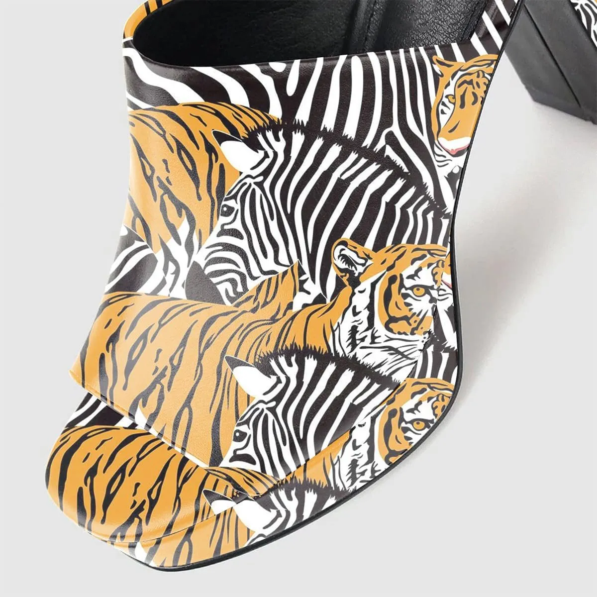 FOWT Women Fashionable Printed Pattern Mules High Chunky Heels Mules Platform Square Toe Sandals Slip On Slippers Outdoor Casual Fashion Work Party Dance Shoes Size 4-16 US
