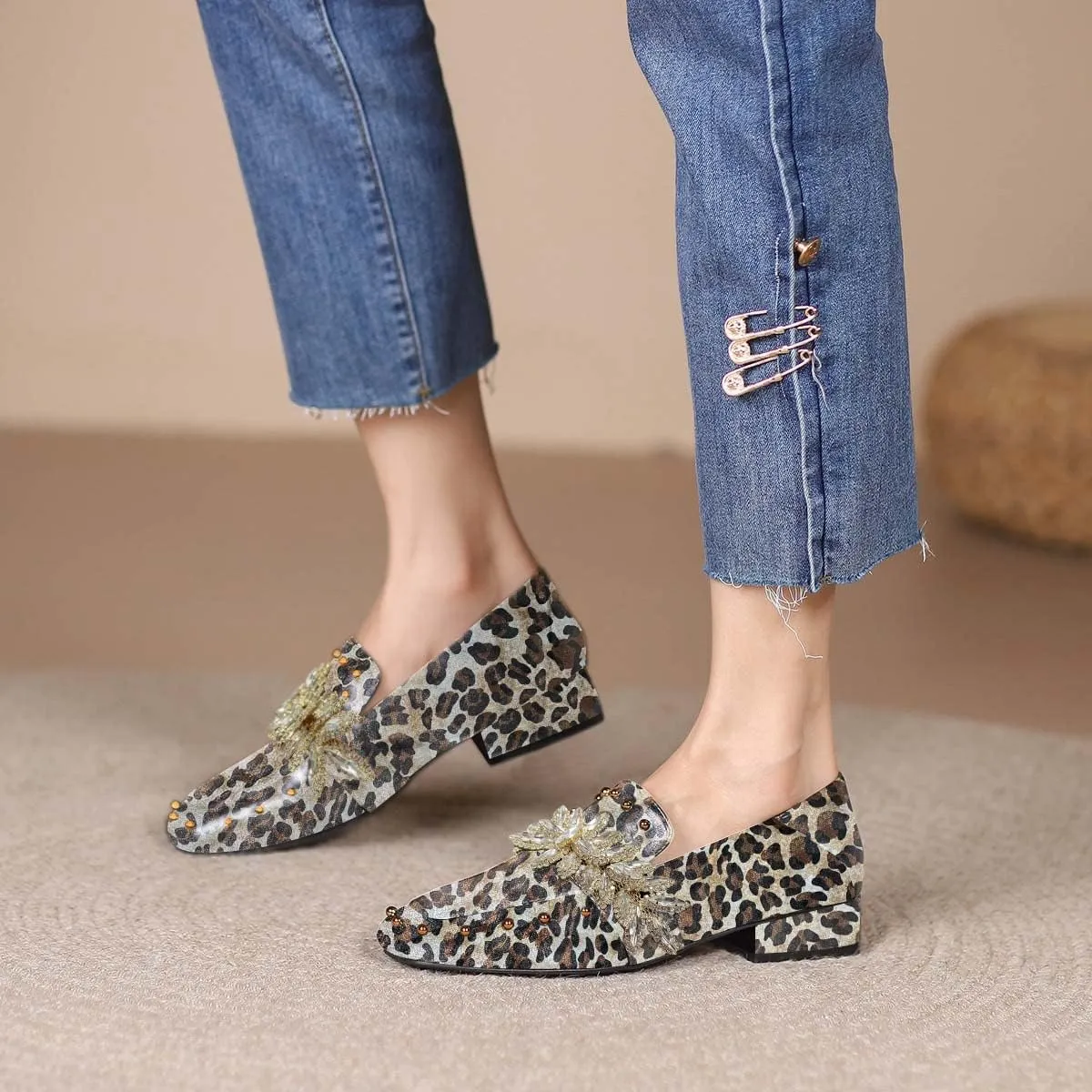 FSJ Women Dressy Shiny Crystal Decoration Loafers Square Toe Block Low Heel Slip On Studded Daily Casual Office Walking Shoes Size 4-15 US