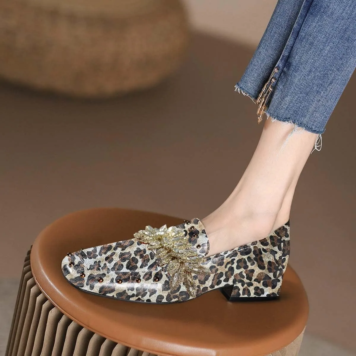 FSJ Women Dressy Shiny Crystal Decoration Loafers Square Toe Block Low Heel Slip On Studded Daily Casual Office Walking Shoes Size 4-15 US