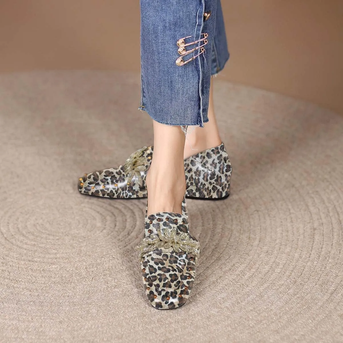 FSJ Women Dressy Shiny Crystal Decoration Loafers Square Toe Block Low Heel Slip On Studded Daily Casual Office Walking Shoes Size 4-15 US