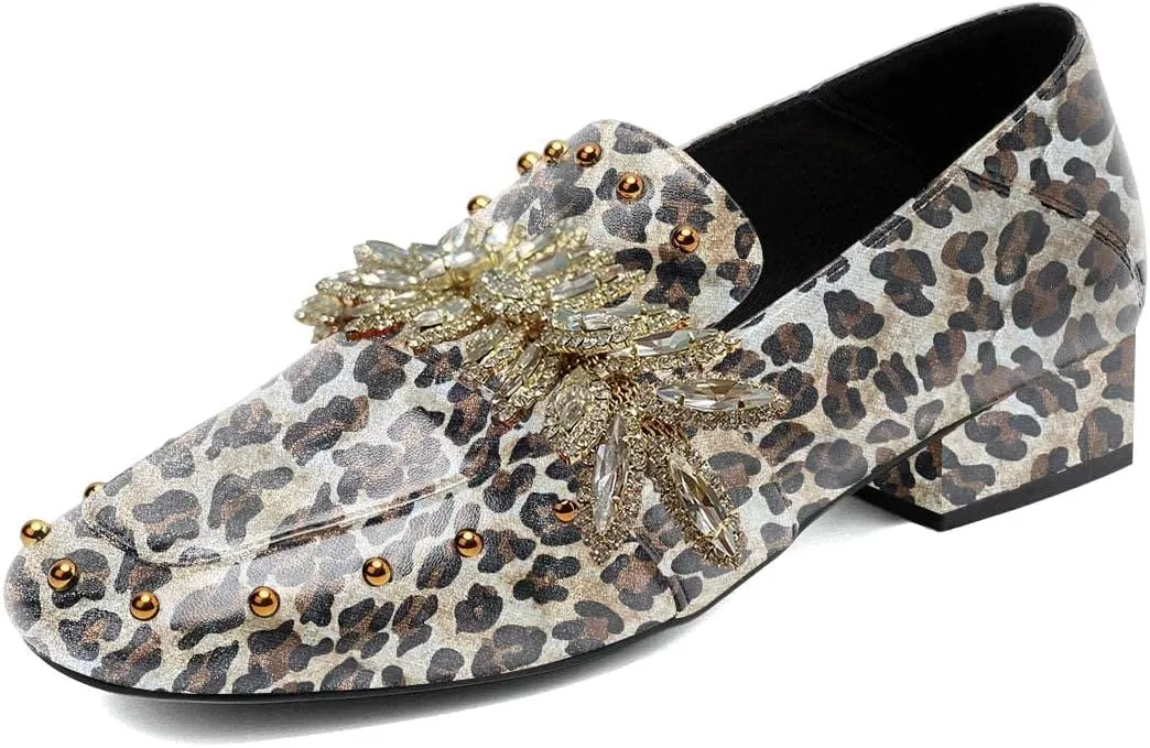 FSJ Women Dressy Shiny Crystal Decoration Loafers Square Toe Block Low Heel Slip On Studded Daily Casual Office Walking Shoes Size 4-15 US
