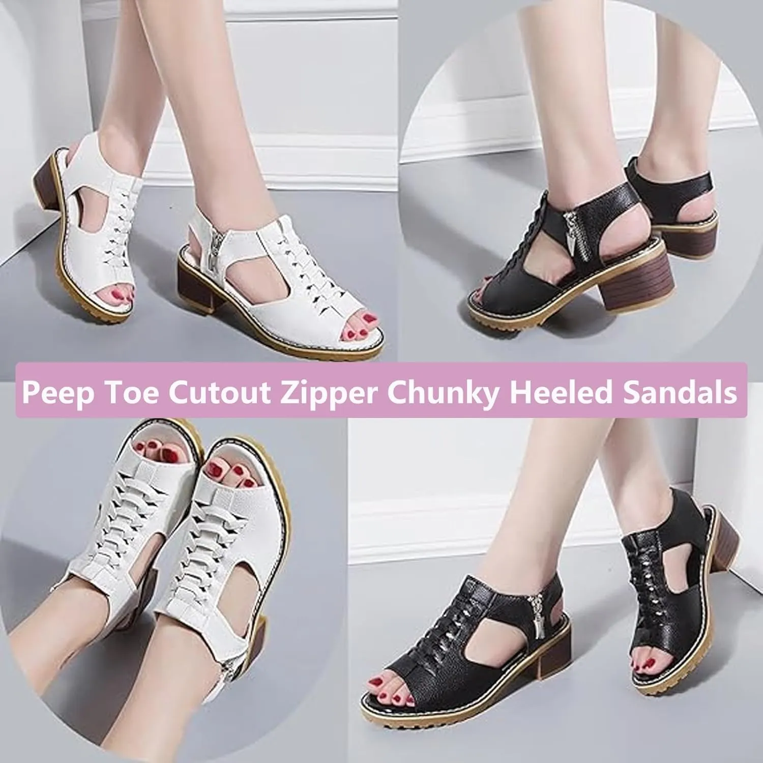Funfany Women's Comfy Orthotic Sandals,Peep Toe Cutout Zipper Chunky Heeled Sandals,Summer Ultra-Comfy Wedge Sandal