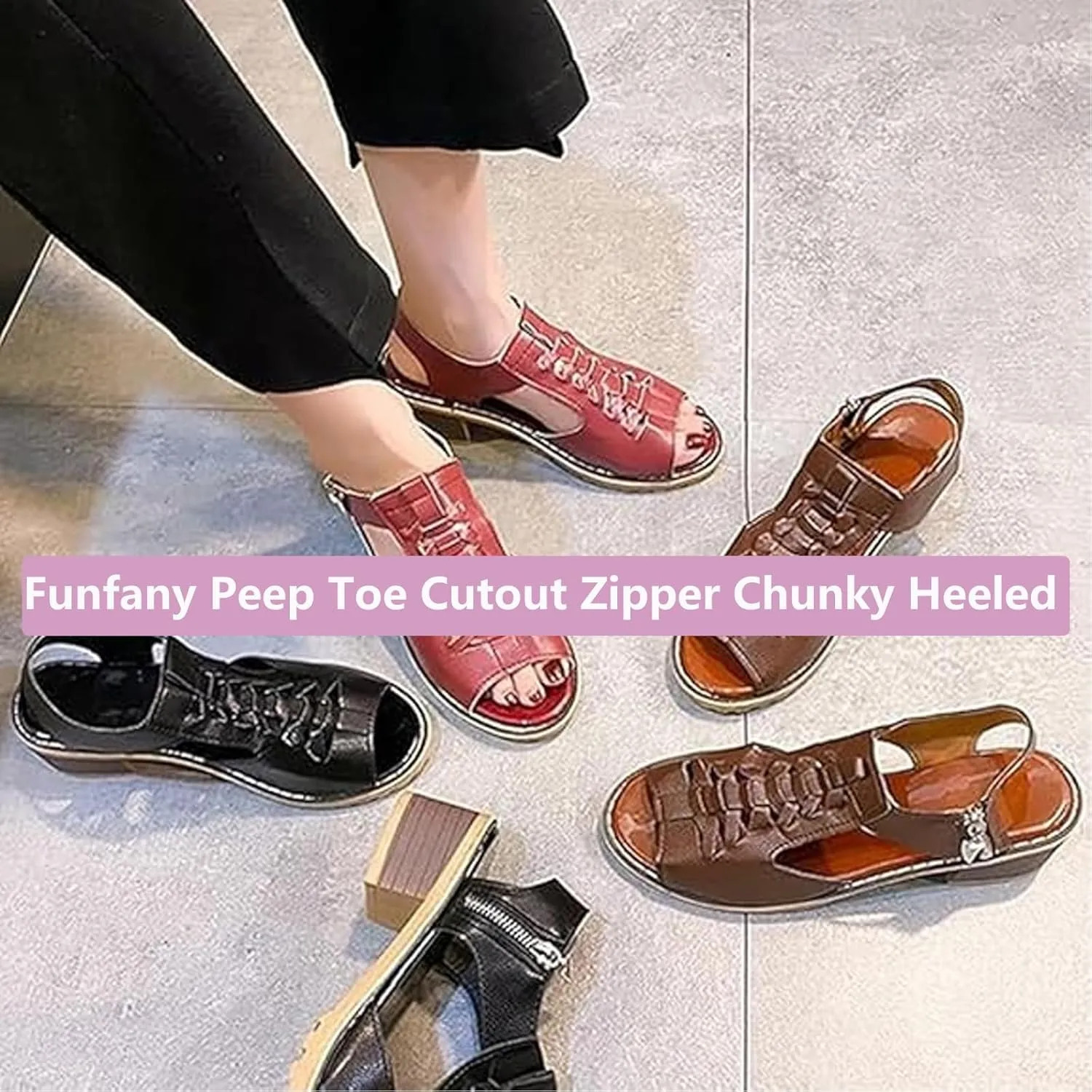 Funfany Women's Comfy Orthotic Sandals,Peep Toe Cutout Zipper Chunky Heeled Sandals,Summer Ultra-Comfy Wedge Sandal