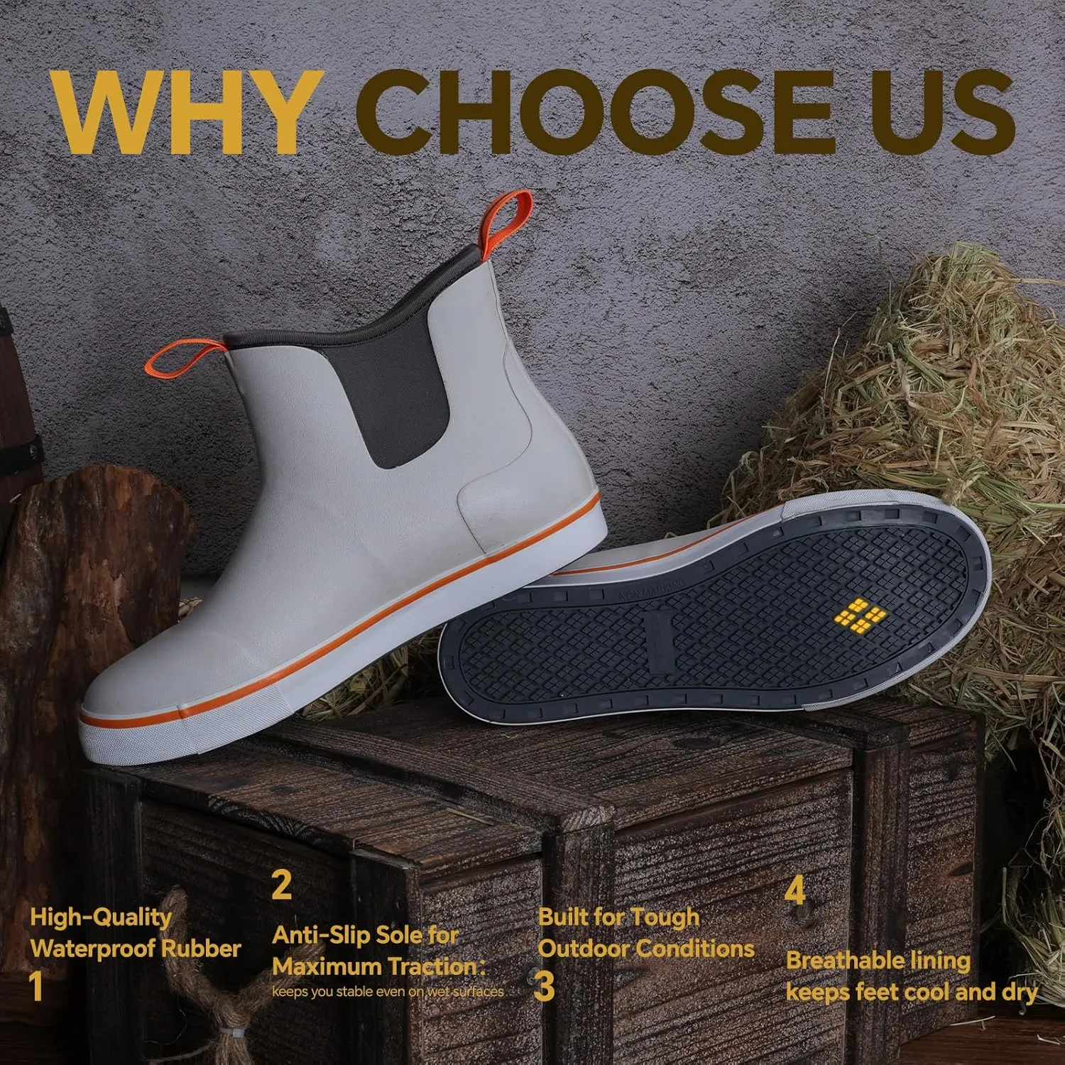 Furuian Men's Deck Boots Fishing Boots Waterproof Rain Boots Ankle Booties Slip On Neoprene Rubber Footwear Chelsea Boots Men botas para hombre for Gardening Fishing Boating Camping Sailing