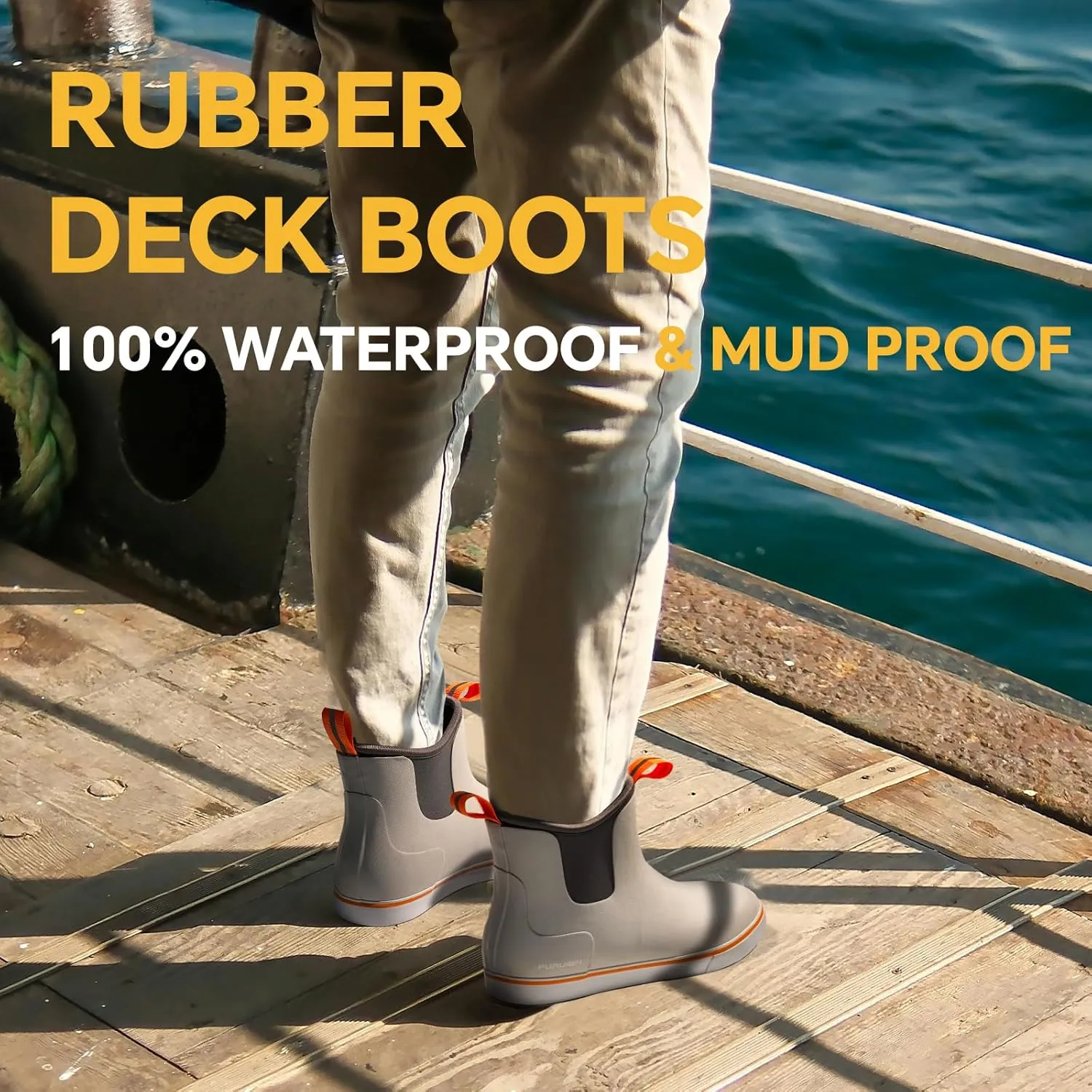 Furuian Men's Deck Boots Fishing Boots Waterproof Rain Boots Ankle Booties Slip On Neoprene Rubber Footwear Chelsea Boots Men botas para hombre for Gardening Fishing Boating Camping Sailing