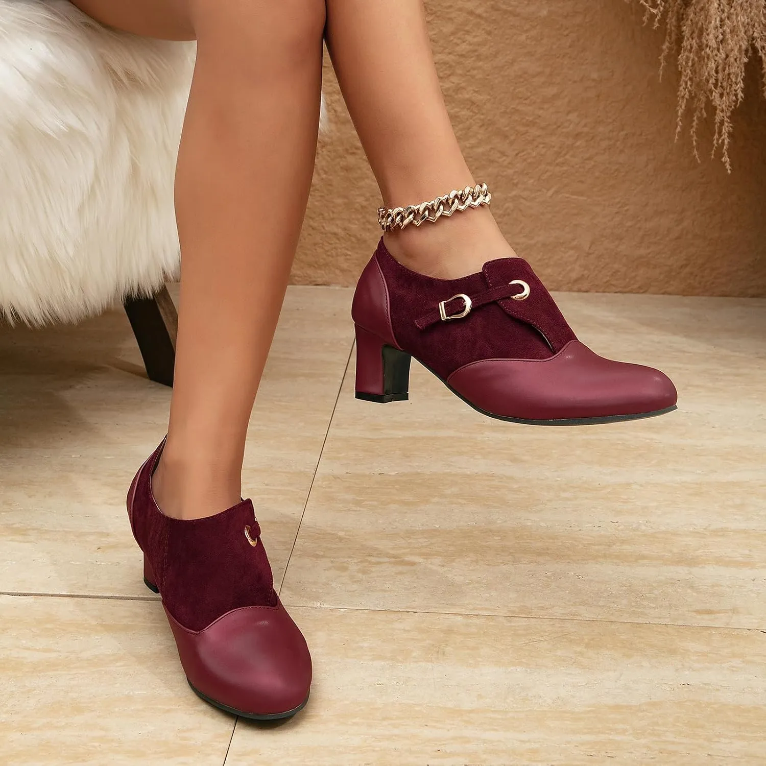 getmorebeauty Women's Pumps Shoes Low Chunky Block Heels Buckle Leather Boots Slip-on Loafers Business Pumps