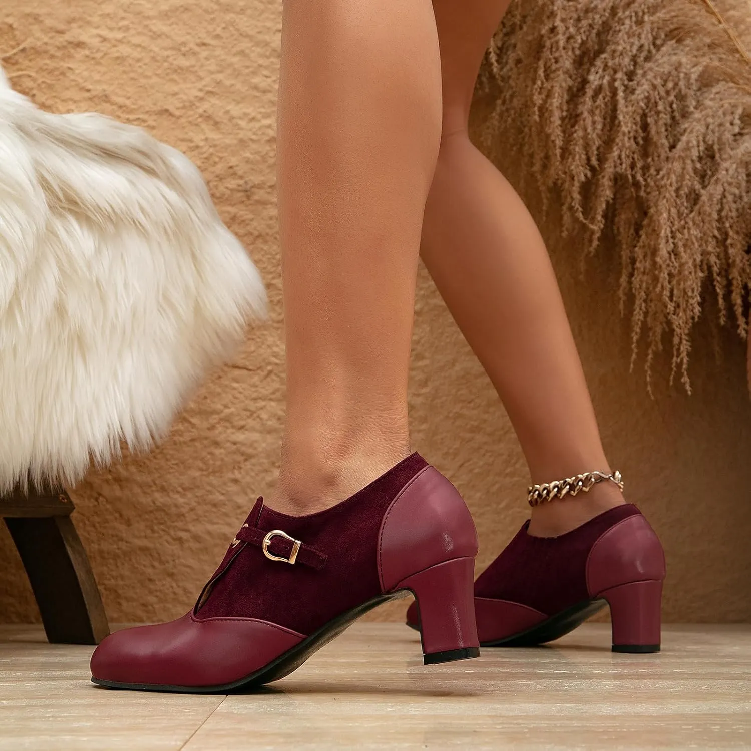 getmorebeauty Women's Pumps Shoes Low Chunky Block Heels Buckle Leather Boots Slip-on Loafers Business Pumps