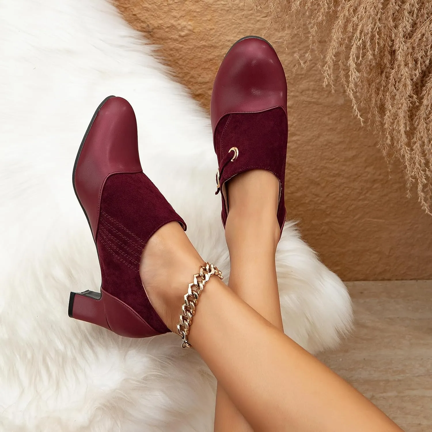 getmorebeauty Women's Pumps Shoes Low Chunky Block Heels Buckle Leather Boots Slip-on Loafers Business Pumps
