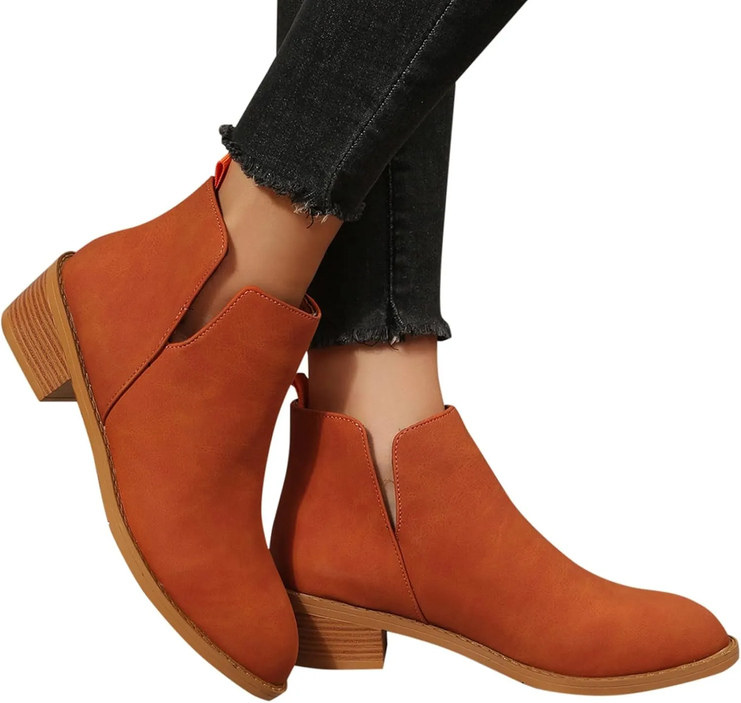 Gibobby Ankle Boots for Women Dressy Wedge Boots V Cutout Autumn Dressing Stacked Chunky Heel Short Cowboy Booties 2022 Fall Boots