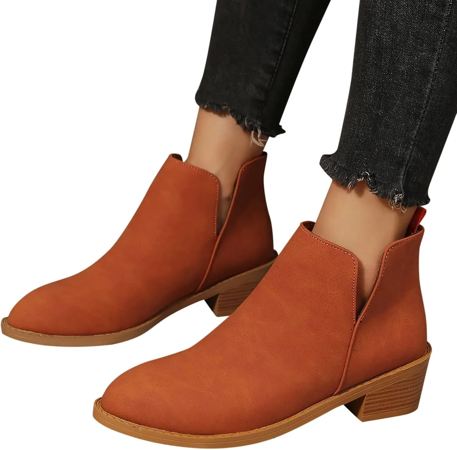 Gibobby Ankle Boots for Women Dressy Wedge Boots V Cutout Autumn Dressing Stacked Chunky Heel Short Cowboy Booties 2022 Fall Boots