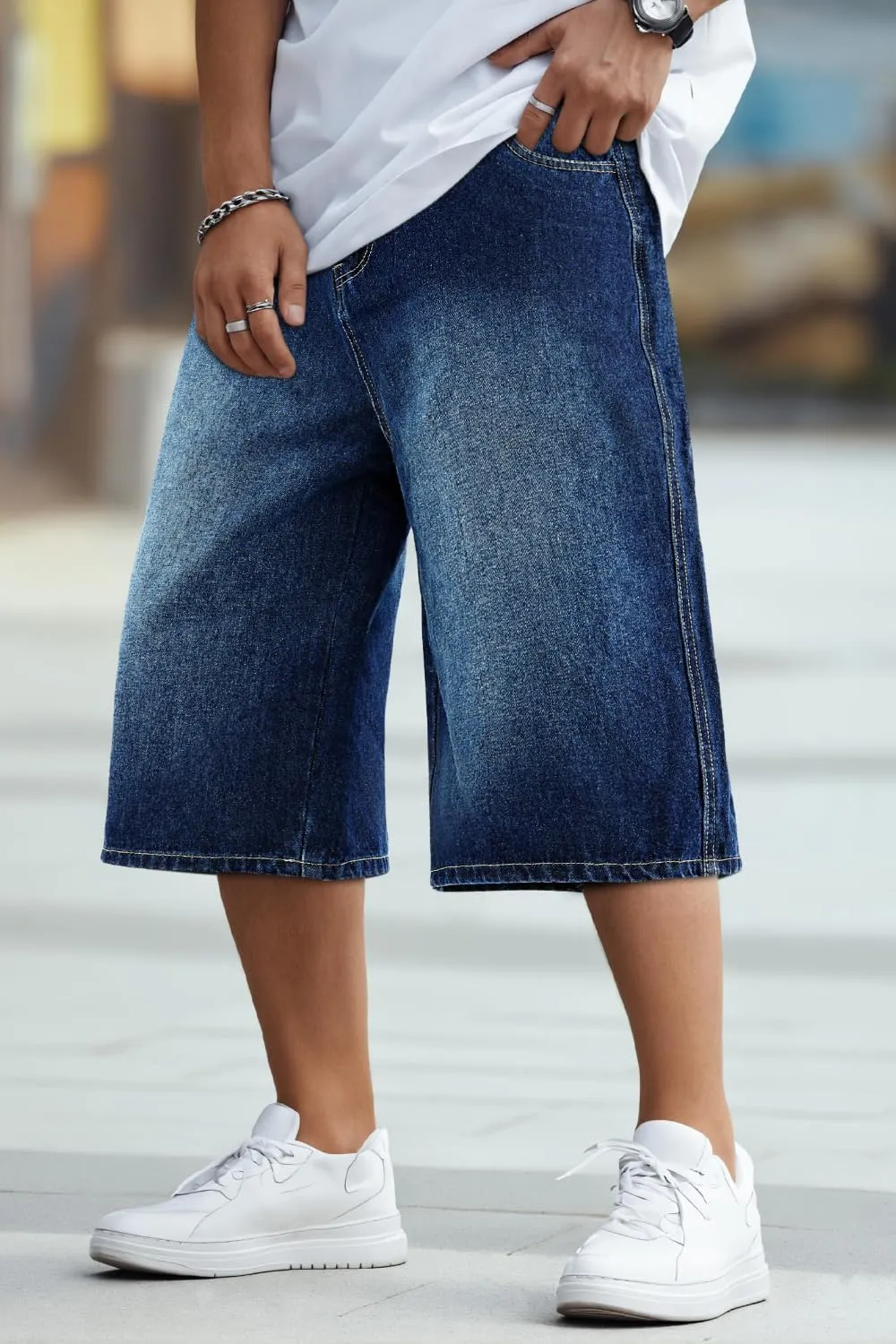GINGTTO Mens Baggy Jean Shorts Loose Fit Long Denim Shorts Below Knee 15 Inch Inseam