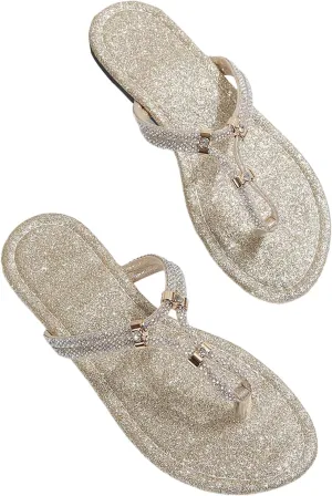 GORGLITTER Women's Rhinestone Thong Flat Sandals Sparkly Glitter Flip Flops Open Toe Slide Sandals
