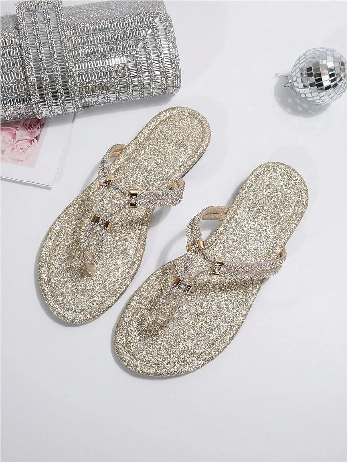 GORGLITTER Women's Rhinestone Thong Flat Sandals Sparkly Glitter Flip Flops Open Toe Slide Sandals