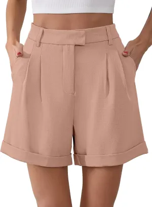 Gracyoga Shorts for Women Trendy Summer Elastic High Waisted Wide Leg Casual Short Loose Cuffed Hem Work Trouser Shorts