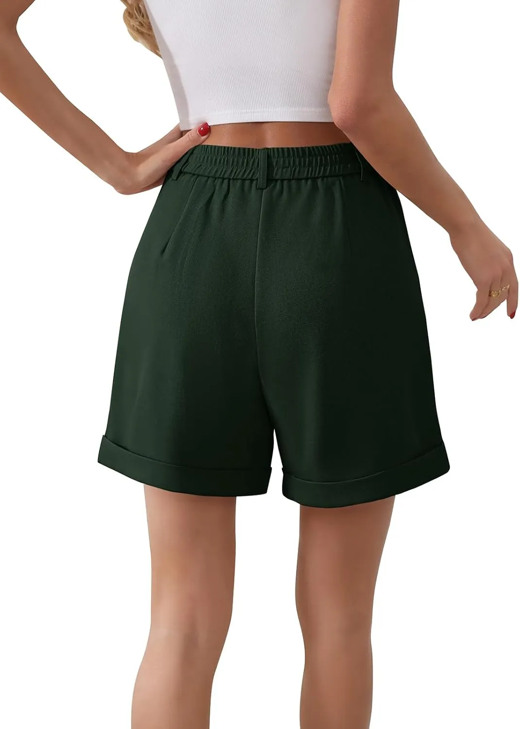 Gracyoga Shorts for Women Trendy Summer Elastic High Waisted Wide Leg Casual Short Loose Cuffed Hem Work Trouser Shorts