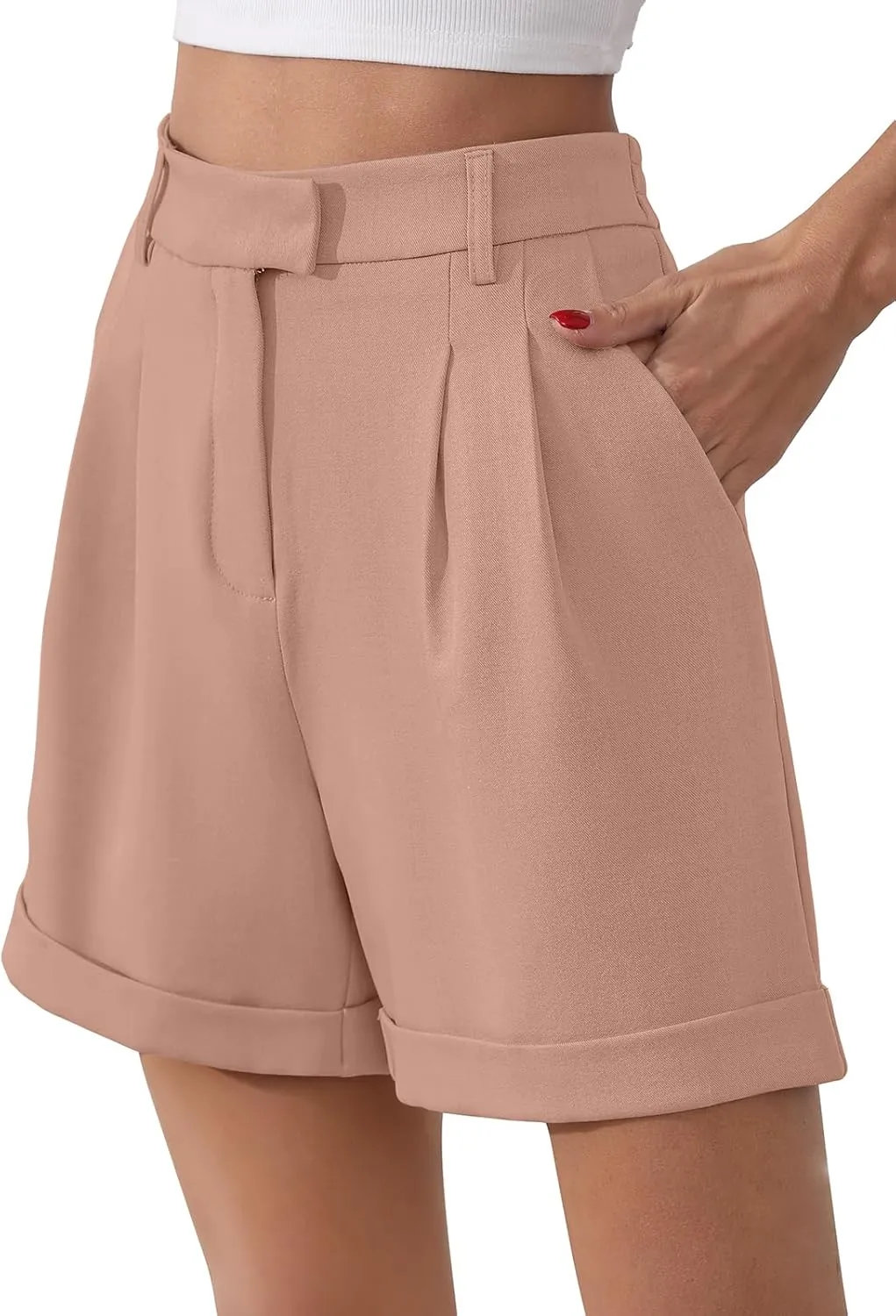 Gracyoga Shorts for Women Trendy Summer Elastic High Waisted Wide Leg Casual Short Loose Cuffed Hem Work Trouser Shorts