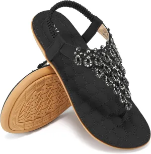 HARENCE Womens Summer Flats Sandals: Casual Bohemian Dressy Thong Flat Shoes Comfortable Slip on Elastic Ankle Strap Beach Sandal