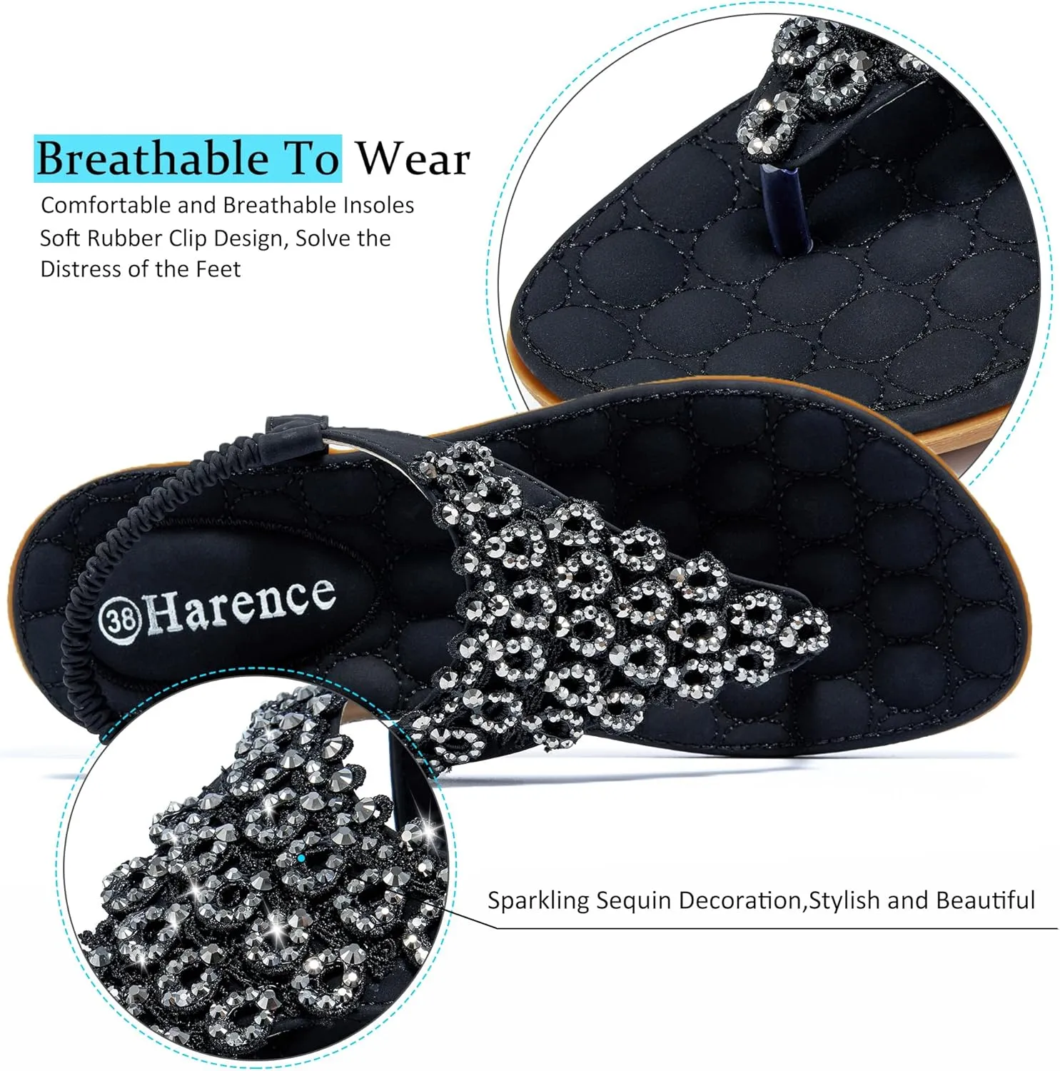 HARENCE Womens Summer Flats Sandals: Casual Bohemian Dressy Thong Flat Shoes Comfortable Slip on Elastic Ankle Strap Beach Sandal