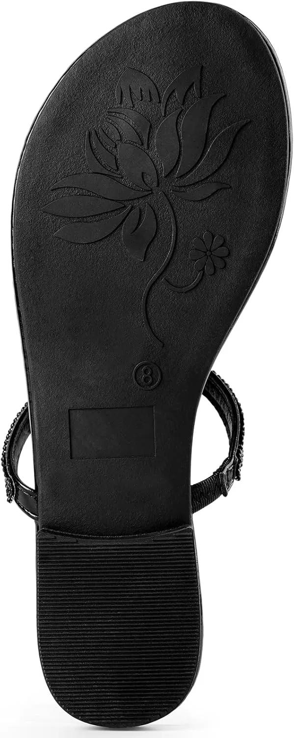 Harvest Land Women's Sandals Dressy T Strap with Rhinestone Sparkly Wedding Flat Sandals Ankle Strap Summer Gladiator Fashion Shoes