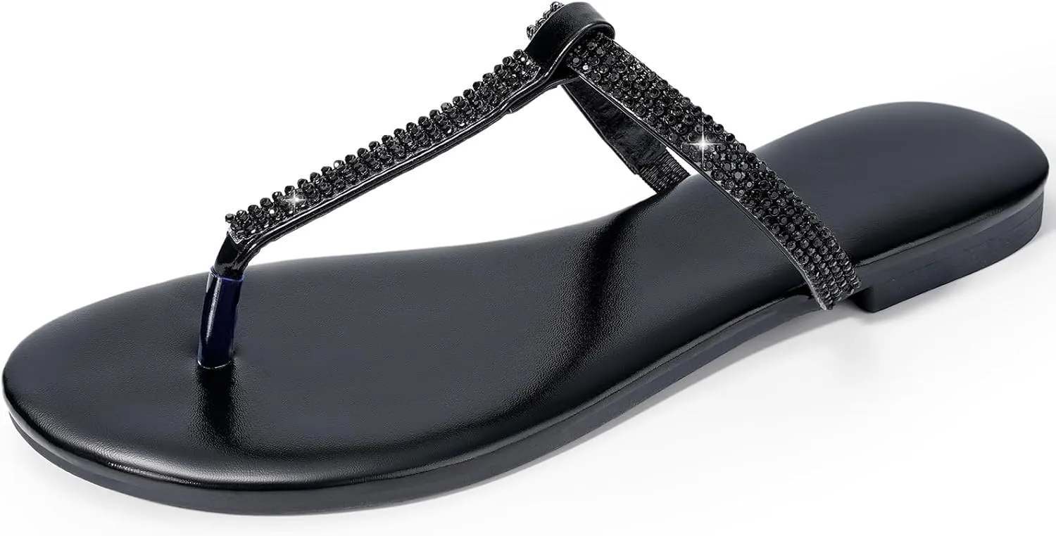 Harvest Land Women's Sandals Dressy T Strap with Rhinestone Sparkly Wedding Flat Sandals Ankle Strap Summer Gladiator Fashion Shoes