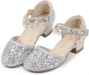 Hehainom Girls Sandals Sequins Princess Dress Shoes Closed Toe Low Heels for Toddler Little Big Kid Flower Wedding Party Pump Shoes