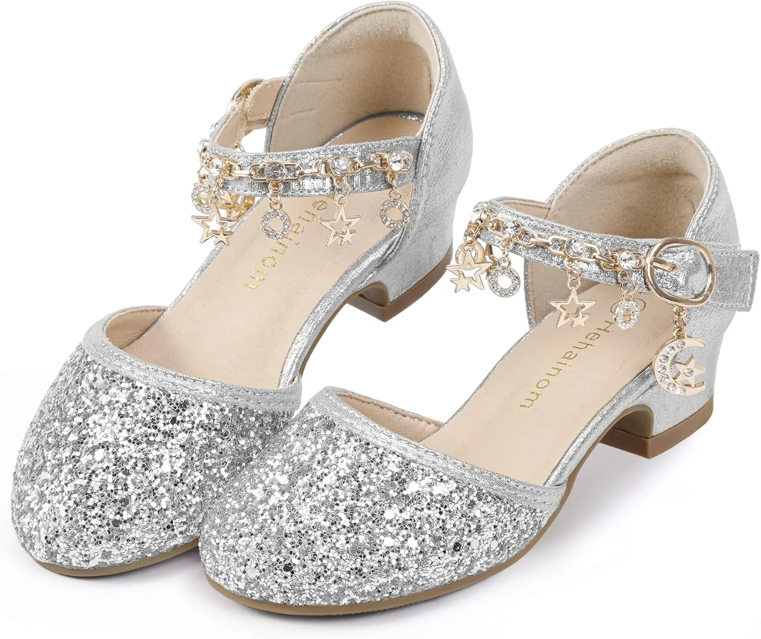 Hehainom Girls Sandals Sequins Princess Dress Shoes Closed Toe Low Heels for Toddler Little Big Kid Flower Wedding Party Pump Shoes