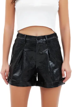 hibshaby Women's Croc Stamped Faux Leather Shorts Black High Waisted Shorts